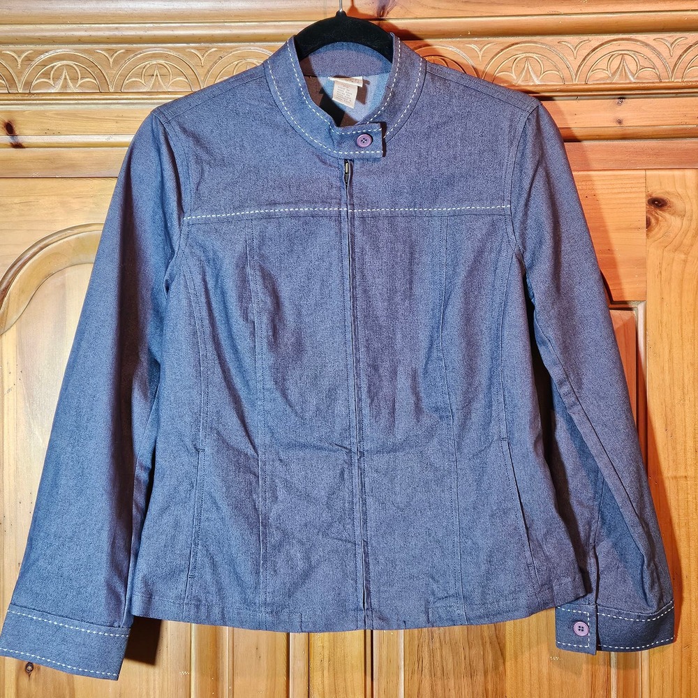 Women's Blue Denim-Look Sigrid Olsen Sport Zip Up Jacket Size Petite Small‎